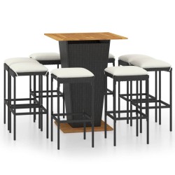 Ensemble de bar de jardin 9 pcs et coussins Résine tressée Noir 