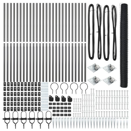 Clôture HexagonaleGris 1,6x50 m Acier, Pieux de Clôtureavec Piquet 13 pcs Ø32 mm 180 cm Acier Galvanisé 