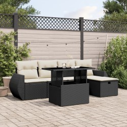 Salon de jardin 6 pcs avec coussins noir résine tressée 