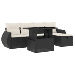 Salon de jardin 6 pcs avec coussins noir résine tressée 