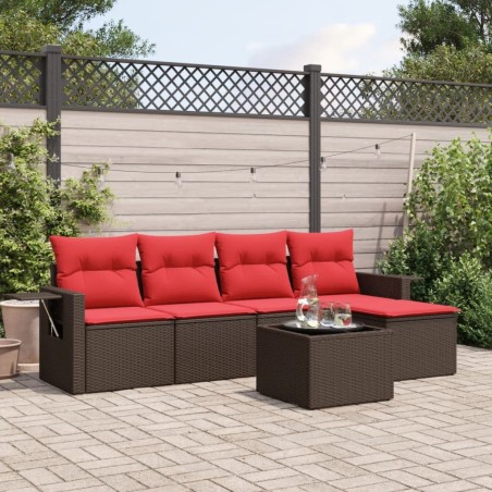 Salon de jardin 6 pcs avec coussins marron résine tressée 