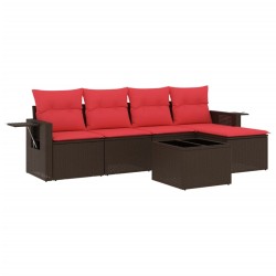 Salon de jardin 6 pcs avec coussins marron résine tressée 