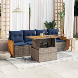 Salon de jardin 5 pcs avec coussins gris résine tressée acacia 