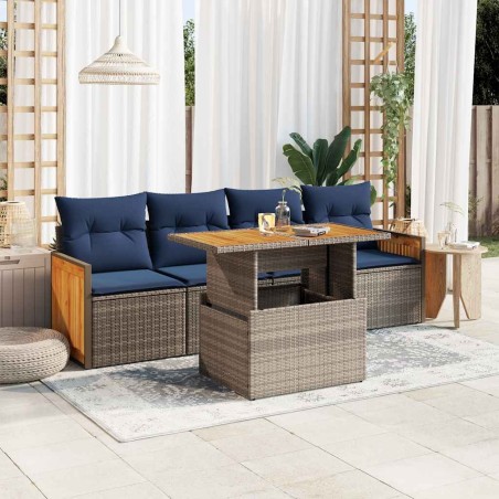 Salon de jardin 5 pcs avec coussins gris résine tressée acacia 