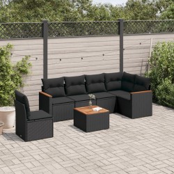 Salon de jardin 7 pcs avec coussins noir résine tressée 