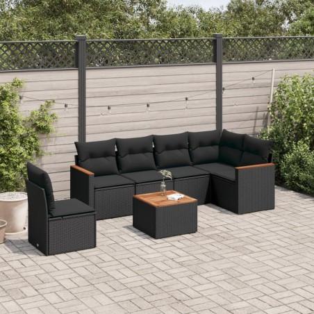 Salon de jardin 7 pcs avec coussins noir résine tressée 