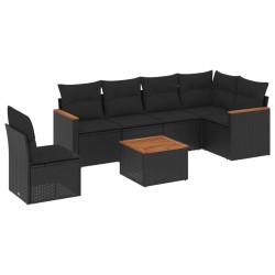 Salon de jardin 7 pcs avec coussins noir résine tressée 