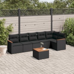 Salon de jardin 7 pcs avec coussins noir résine tressée 