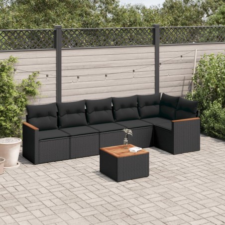 Salon de jardin 7 pcs avec coussins noir résine tressée 