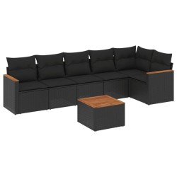 Salon de jardin 7 pcs avec coussins noir résine tressée 