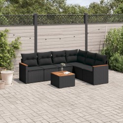 Salon de jardin 7 pcs avec coussins noir résine tressée 