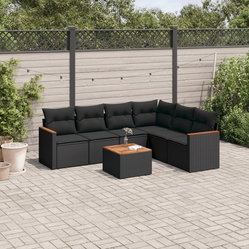 Salon de jardin 7 pcs avec coussins noir résine tressée 