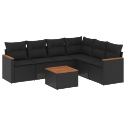 Salon de jardin 7 pcs avec coussins noir résine tressée 