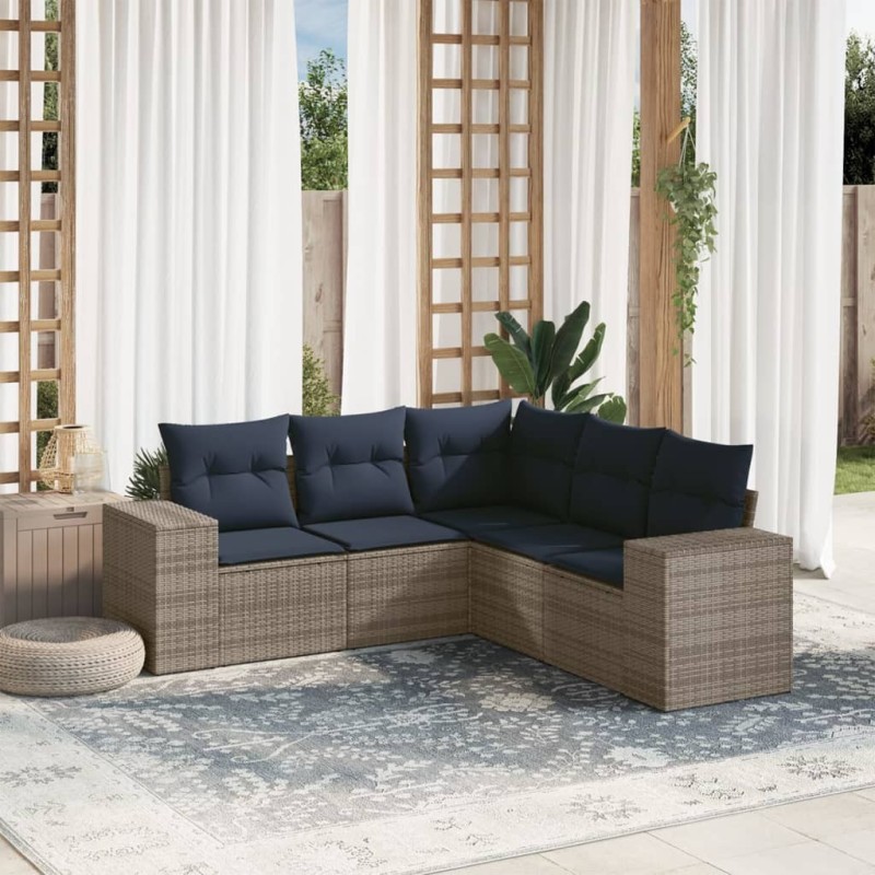 Salon de jardin 5 pcs avec coussins gris résine tressée 
