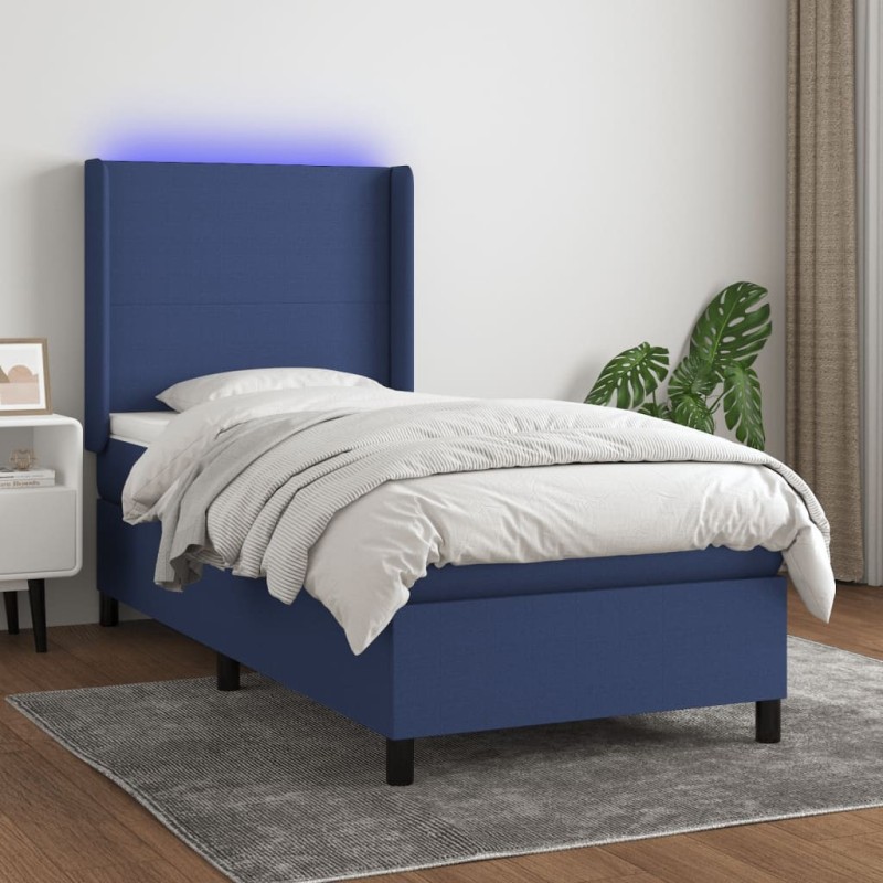 Sommier à lattes de lit matelas et LED Bleu 90x190 cm Tissu 