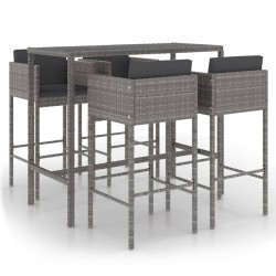 Ensemble de bar de jardin 5 pcs et coussins Résine tressée Gris 