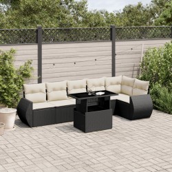 Salon de jardin 7 pcs avec coussins noir résine tressée 