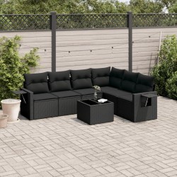 Salon de jardin 7 pcs avec coussins noir résine tressée 