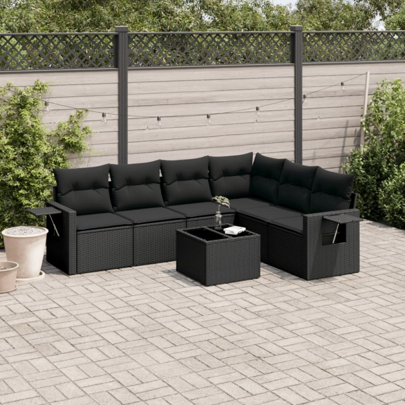 Salon de jardin 7 pcs avec coussins noir résine tressée 