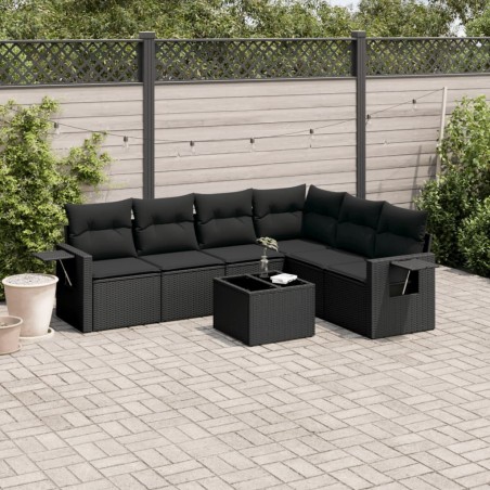 Salon de jardin 7 pcs avec coussins noir résine tressée 