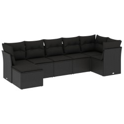 Salon de jardin 7 pcs avec coussins noir résine tressée 