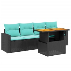 Salon de jardin 5 pcs avec coussins noir résine tressée 