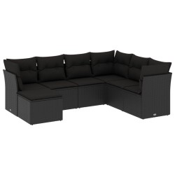 Salon de jardin 7 pcs avec coussins noir résine tressée 