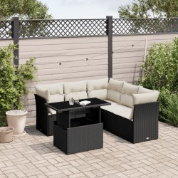 Salon de jardin 6 pcs avec coussins noir résine tressée 