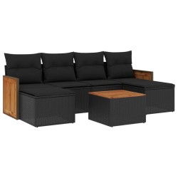 Salon de jardin 7 pcs avec coussins noir résine tressée 