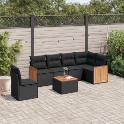 Salon de jardin 7 pcs avec coussins noir résine tressée 