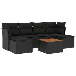 Salon de jardin 7 pcs avec coussins noir résine tressée 