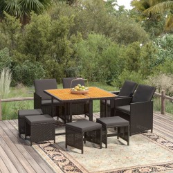 Ensemble à manger de jardin coussins 9pcs Résine tressée Noir 