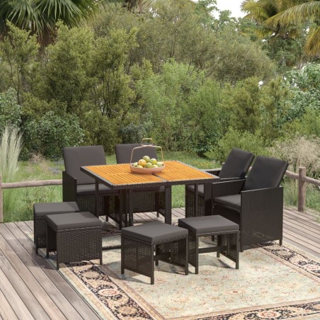 Ensemble à manger de jardin coussins 9pcs Résine tressée Noir 