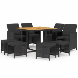 Ensemble à manger de jardin coussins 9pcs Résine tressée Noir 