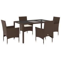 Ensemble à manger de jardin et coussins 5pcs marron rotin verre 