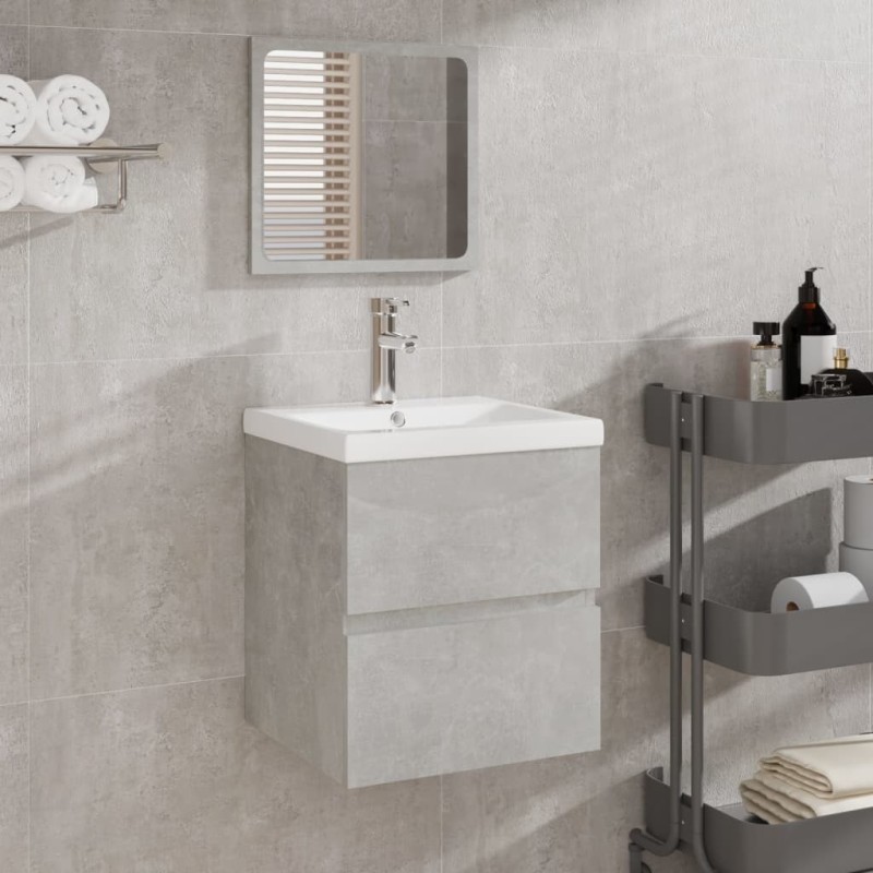 Armoire lavabo de salle de bain et bassin et miroir Gris béton 