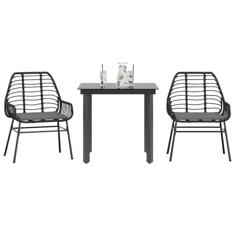 Ensemble à manger de jardin et coussins 3 pcs noir rotin verre 
