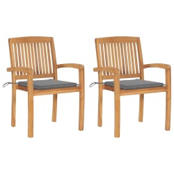 Chaises de jardin lot de 2 et coussins gris Bois de teck massif 