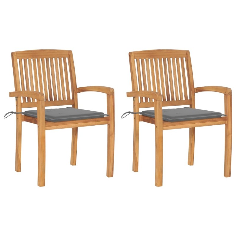 Chaises de jardin lot de 2 et coussins gris Bois de teck massif 