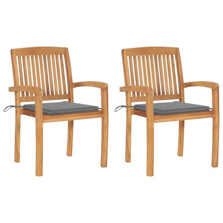 Chaises de jardin lot de 2 et coussins gris Bois de teck massif 