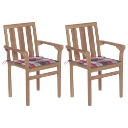 Chaises de jardin lot de 2 avec coussins à carreaux rouge Teck 