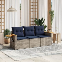 Salon de jardin avec coussins 3 pcs gris résine tressée 