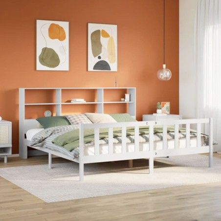 Lit bibliothèque sans matelas blanc 200x200 cm bois pin massif 