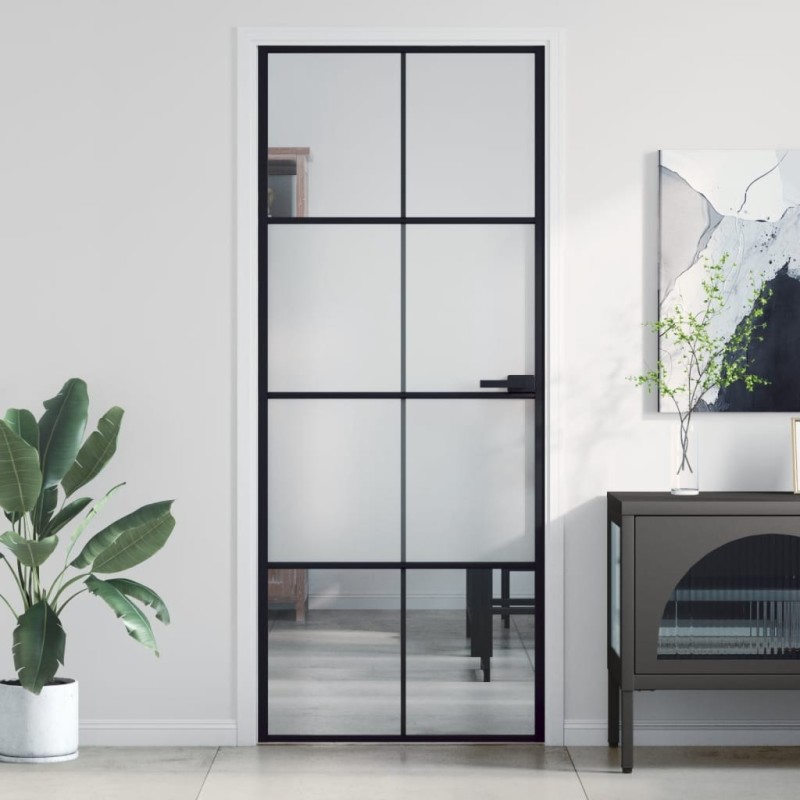 Porte intérieure mince noir 83x201,5 cm verre trempé aluminium 