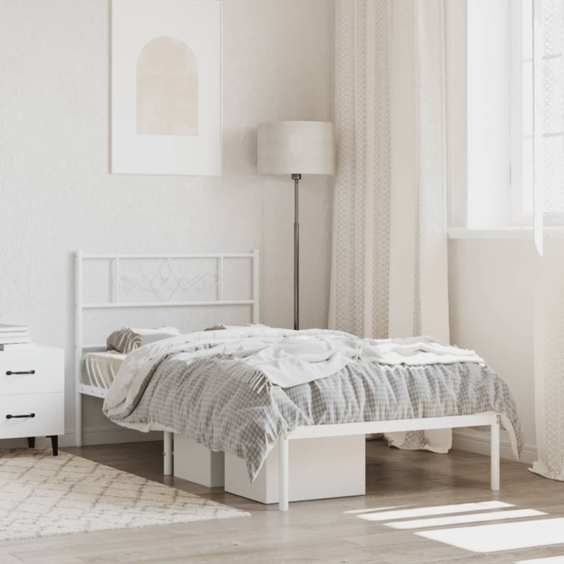 Cadre de lit métal sans matelas avec tête de lit blanc 90x200cm 