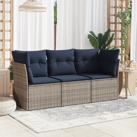 Salon de jardin avec coussins 3 pcs gris résine tressée 