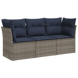 Salon de jardin avec coussins 3 pcs gris résine tressée 
