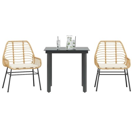 Ensemble à manger jardin coussins 3pcs marron poly rotin verre 
