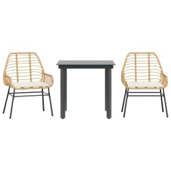 Ensemble à manger jardin coussins 3pcs marron poly rotin verre 
