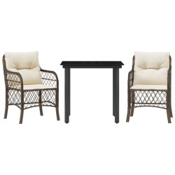 Ensemble de bistro 3 pcs avec coussins marron résine tressée 